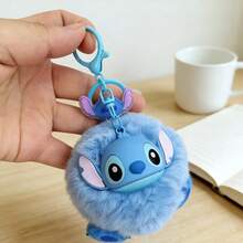 Miniso Móc khóa hình tròn mềm mại Lilo & Stitch - Chất liệu nhung mềm mại, chi tiết đầu Stitch 3D và móc treo trang trí, đa chức năng dùng để trang trí túi xách và giữ chìa khóa (1 chiếc) - Màu xanh lam - Xem 4