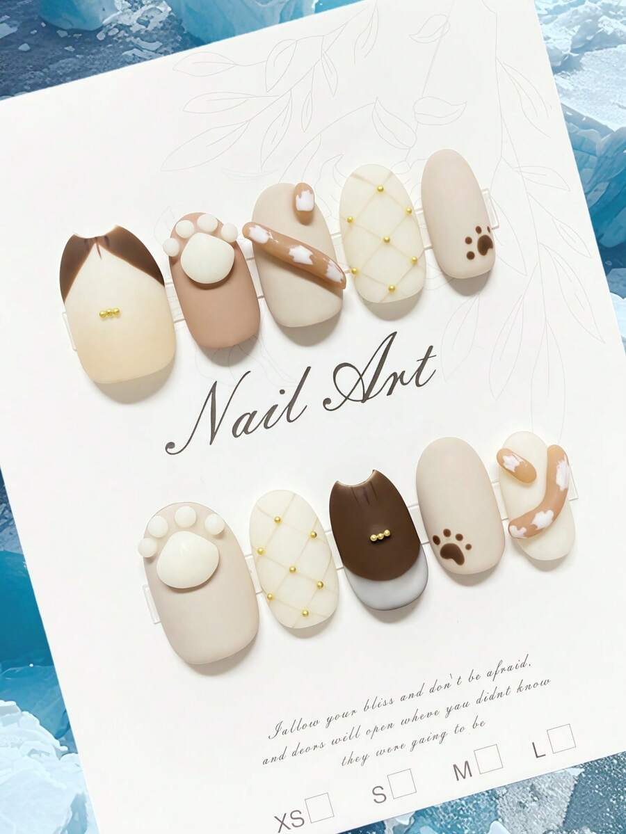 10 片手工压制美甲贴片，椭圆形，3D 立体，手绘花朵图案，猫咪剪影图案，可爱简约风格，高端品质，可重复使用，适合日常佩戴、约会、节日，也可作为礼物。