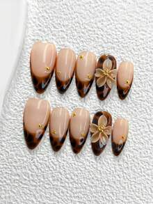 10pcs Vintage French Manicure Set, Acrylic Press-On Nails, DIY Brown 5-Petal Carved Nail Decor, Asymmetrical Gold Diamond Decoration, Brown Nail Polish, Great Gift For Women & Girls, Comes With Nail Tools (1pc Jelly Sticker + 1pc Nail File), 3 Sizes: Almond, Duck Mouth, Coffin, Suitable For Weddings, Valentine's Day, Commuting, Parties, Winter Nails Nail Supplies - 彩色 - 查看 3