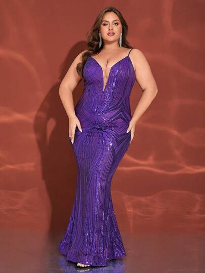 Plus Size Sexy Violet Sequin V-Neck Mesh Splice Spaghetti Strap Maxi Mermaid Party Dress (Front And Back Patterns May Not Match, Random Floral Design)