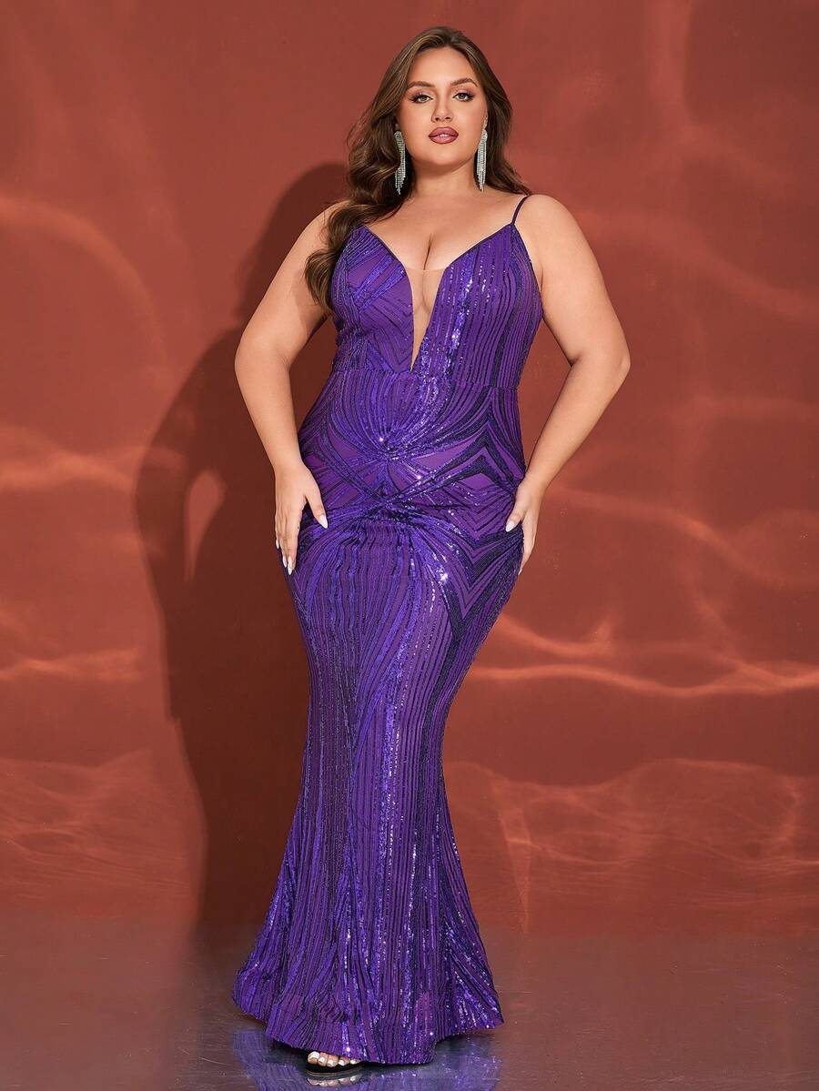 Gaun Pesta Maxi Model Duyung Seksi Ukuran Plus Warna Ungu dengan Payet, Leher V, dan Sambungan Jala (Pola Depan dan Belakang Mungkin Tidak Sama, Desain Bunga Acak) - Violet Purple - View 1