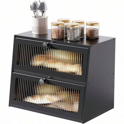 Bread Box For Kitchen Countertop,Extra Large 2 Layer Breadbox Wooden Farmhouse Bread Storage Container Bread Bin Bread Holder Food Organizer Pantry Shelf Acrylic Window(Black)