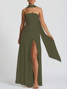 Đầm dự tiệc, nghỉ lễ, du lịch màu xanh đậm, thanh lịch, gợi cảm dành cho nữ, màu trơn, xẻ tà, thích hợp cho đám cưới, mùa xuân. - màu xanh đậm - Xem 2