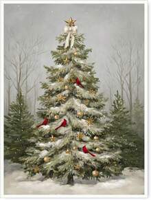 Arte de pared de árbol de Navidad - Impresión en lienzo vintage de Navidad con pájaros cardinales, póster navideño de escena de nieve de invierno para decoración de temporada en la sala de estar, cuadros decorativos sin marco para sala, póster, con marco, pósteres, cuadros para la pared, marcos para cuadros, cuadro, Virgen de Guadalupe, salas - transparente - Ver 1