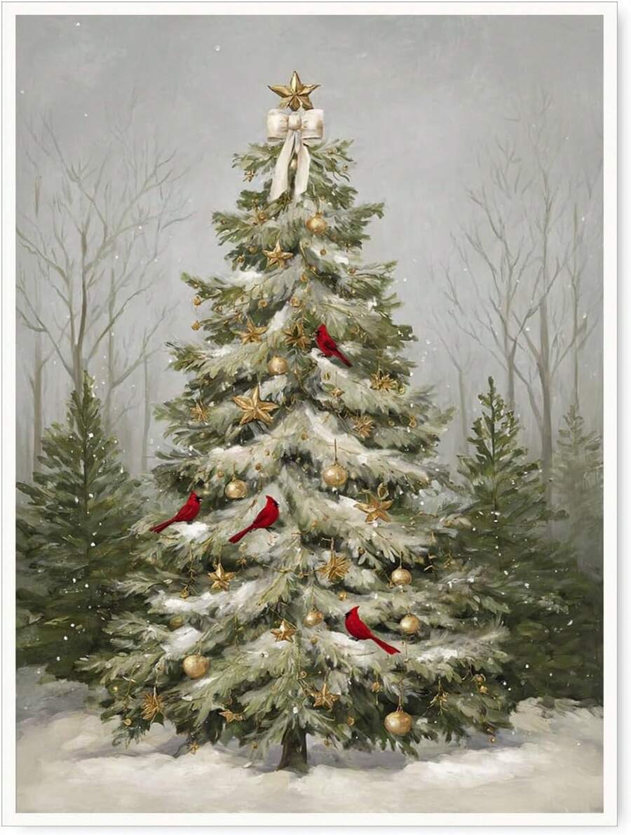 Arte de pared de árbol de Navidad - Impresión en lienzo vintage de Navidad con pájaros cardinales, póster navideño de escena de nieve de invierno para decoración de temporada en la sala de estar, cuadros decorativos sin marco para sala, póster, con marco, pósteres, cuadros para la pared, marcos para cuadros, cuadro, Virgen de Guadalupe, salas - transparente - Ver 1