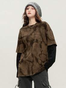 JUTU Spring & Autumn Full-Print Patchwork Long Sleeve T-Shirt, New Year Style, Youthful & Long Sleeve Top For Women Casual - 409 Coffee Fight Black - View 4