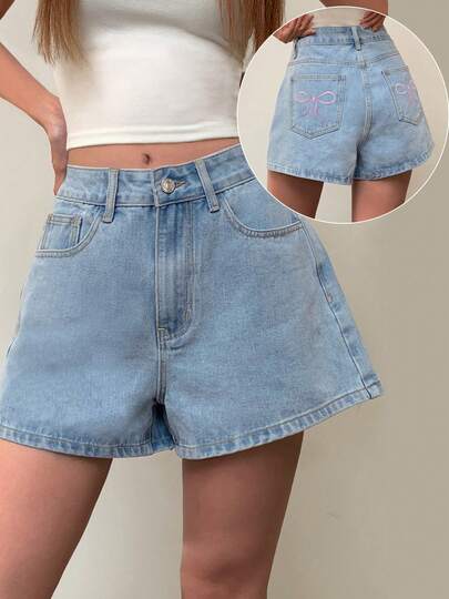 Fashionable Light Blue Washed Denim Shorts For Women, Casual Loose Straight Leg Shorts With Butterfly Embroidery Pockets, Spring/Summer Design
