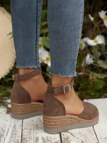 女士坡跟凉鞋，露趾踝带高跟凉鞋，优雅夏季厚底舒适休闲鞋，适合夏季户外海滩旅行 - 咖啡棕 - 查看 4