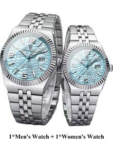 POEDAGAR 2pcs Fashionable Stainless Steel Waterproof Luminous Couples Watches, Luxury Casual Dual Calendar Quartz Watch For Men And Women, Elegant Couple Watch Set - Blue - View 12