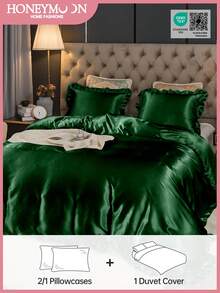 2/3pcs Luxury Satin Ruffle Duvet Cover Set, Includes 1pc Duvet Cover And 1/2pcs Pillow Shams, Luxurious Silk-Like Material, Soft & Breathable, Fits Twin, Full, Queen, King Beds, Machine Washable, Oeko-Tex Certified - Dark Green - View 2