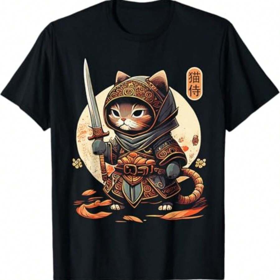 Japanese Samurai Cat Tattoo Kawaii Ninjas Cat T-Shirt - 黑色 - 查看 1