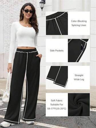 Women's Casual Straight-Leg Wide-Leg Sweatpants Black Drawstring Waist Elastic Waistband, Comfortable Loose Fit For Spring/Summer/Fall, Perfect For Casual Attire, Jogging Pants