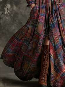 女士长裙，时尚多色格子复古长裙，修身纽扣衬衫裙，适合派对和聚会（不含腰带）优雅 - 棕色 - 查看 5