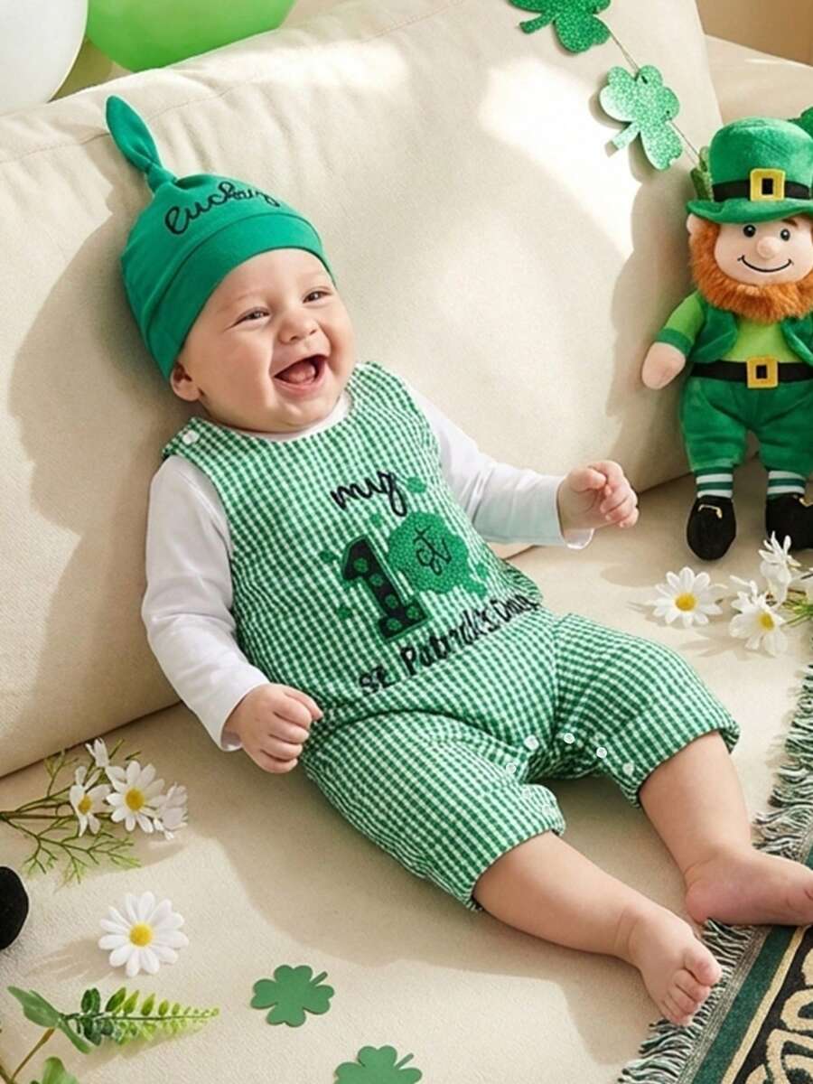 Conjunto de primavera para bebé niño de Irish Day, mono liso de manga larga con estampado de trébol a cuadros, pantalones y gorro anudado, conjunto de 3 piezas, ropa sencilla para festivales de ocio, ideal para 0 a 18 meses - Verde - Ver 1