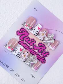 10片/套 手工制作短款鸭嘴Y2K坏女孩风格美甲贴纸，裸色和红色法式尖头，饰有圣徒、宝石、不对称液态金属、星星、十字架、月亮等图案，适合派对、晚宴、日常佩戴，包含工具包，是送给女性和女孩的绝佳礼物，美甲用品 - You Make Me Melt - 查看 3