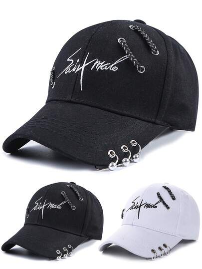 1顶字母刺绣铁环装饰棒球帽，男女情侣款，时尚休闲弯檐帽