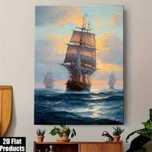 Pintura al óleo de velero náutico - Pintura decorativa con tema oceánico seleccionado, enmarcada con lienzo circundante, presentando un estilo náutico clásico de velero, adecuada para dormitorio, oficina y otros espacios - Pintura decorativa de paisaje marino vintage - transparente - Ver 1