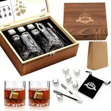 Whiskey Stones Gift Set - Whiskey Glass Set Of 2 - Granite Chilling Whiskey Rocks - Scotch Bourbon Box Set -Father's Day Birthday Gifts For Men Drinking Gift For Dad Him Husband Party Holiday Present LQ02W - 直筒玻璃杯+不鏽鋼石 - 查看 1