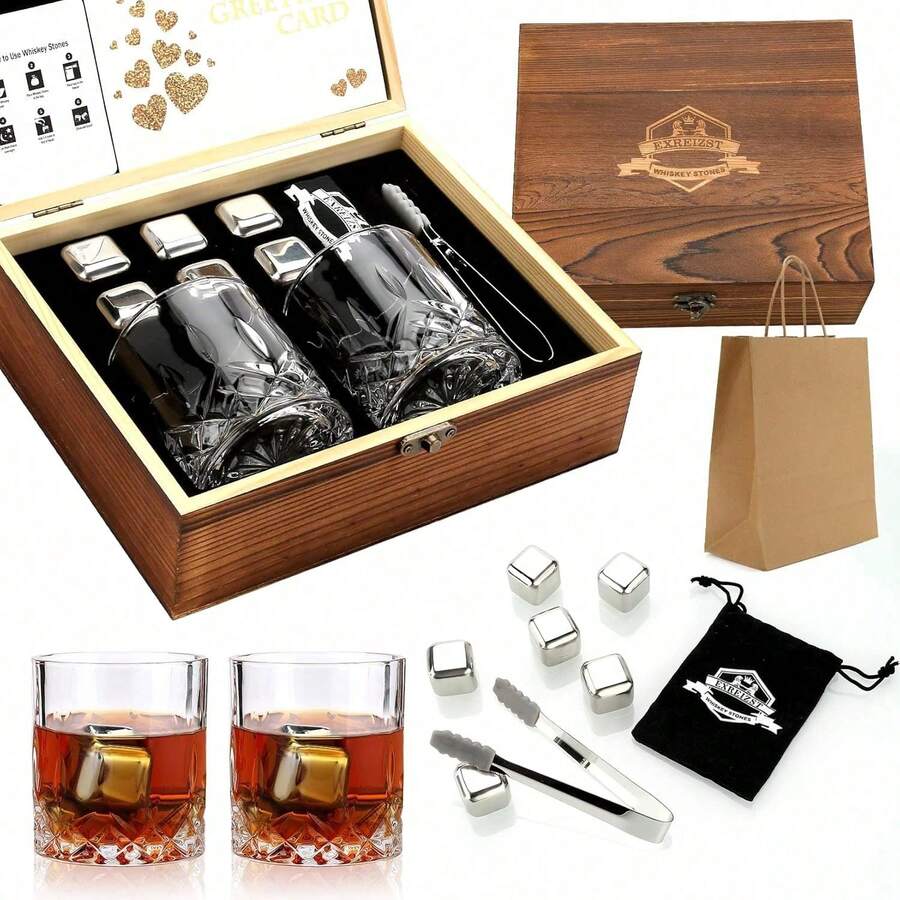 Whiskey Stones Gift Set - Whiskey Glass Set Of 2 - Granite Chilling Whiskey Rocks - Scotch Bourbon Box Set -Father's Day Birthday Gifts For Men Drinking Gift For Dad Him Husband Party Holiday Present LQ02W - 直筒玻璃杯+不鏽鋼石 - 查看 1