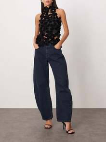 Women's Solid Color Hollow-Out Floral Pattern Irregular Top, Women's Party And Date Slim-Fit Solid Color Floral Top. - màu đen - Xem 3