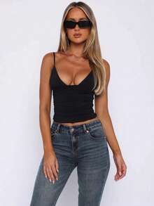 Piece Black Deep V-Neck Spaghetti Strap Tank, Sexy Elegant Bodycon Sleeveless Top For Women, Perfect For Date Night, Evening Party And Summer Outfits - 黑色 - 查看 6