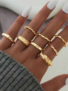8pcs Vintage Coin Boho Punk Minimalist Asymmetrical Stacking Rings Set, Suitable For Daily Wear, Birthday/Valentine's Day Gift For Her (No Box) - Yellow Gold - View 10