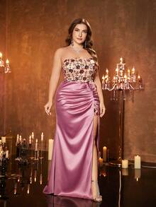 【随机印花】SUPGIR Plus 女士抹胸无袖亮片拼接性感露背绷带设计可调节高开衩气质长款晚礼服