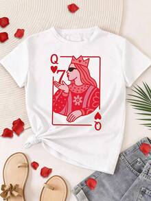 女士白色圆领T恤，印有红色爱心和皇后扑克牌图案，时尚休闲白色上衣，适合夏季日常穿着和外出活动。 - 白色 - 查看 2