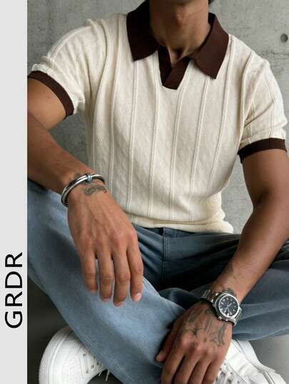 GRDR Suéter de punto de cuello redondo de unicolor de manga corta para hombres, adecuado para salidas de verano, esencial para un estilo de moda