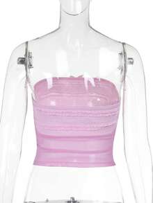 上衣 半透蕾丝乳沟辣妹性感上衣 - 粉色 - 查看 2
