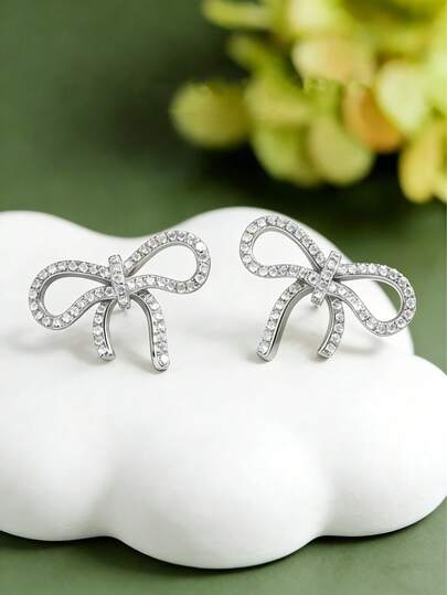 1 Pair Luxury Dainty Bow Micro-Paved Zirconia Earrings For Women,Perfect For Engagement,Wedding,Banquet,Birthday, Anniversary, And Special Occasions,Ramadan Jewelry(No Box)