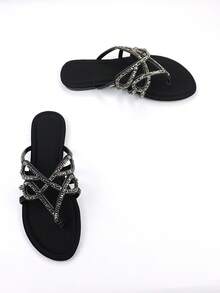 女士奢华全镶钻链条镂空装饰黑色莱卡面料舒适圆头平底拖鞋，适合日常穿着和派对场合