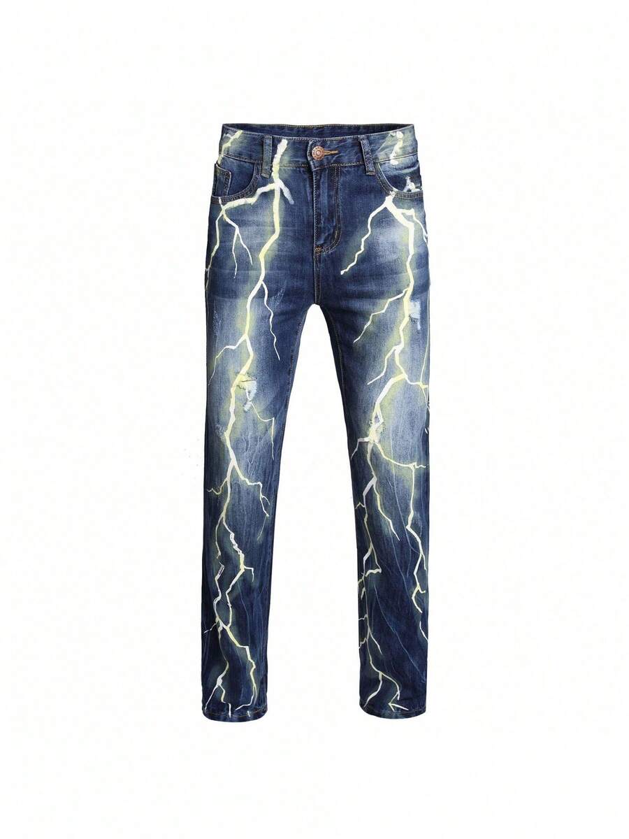 Vaqueros de moda con impresión digital 3D rasgados, pantalones de mezclilla desgastados con diseño gráfico único para mujeres, ropa casual de calle, cintura alta, ajuste delgado, mezclilla elástica cómoda - Azul Marino - Ver 1