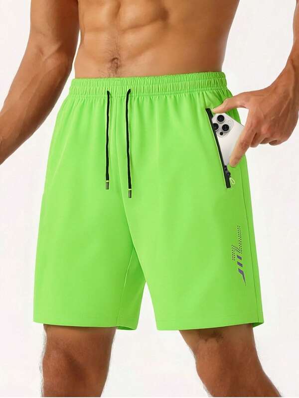 New Summer Lightweight Men's Shorts, 4-Way Stretch, Loose Fit Knee Length, Men's Athletic Shorts, Men's Beach Shorts, Fitness Shorts, Running Shorts With Pockets, Zipper, Reflective Print, Solid Color