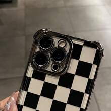 Black Checkered Pattern Four-Corner Drop-Proof TPU Phone Case For IPhone 16 15 14 Pro Max 13 12 11 X/XS Plus Shockproof Full Camera Protection Durable Slim Silicone Case Mobile Phone Case,Suitable For IPhone17 Air - 銀色 - 查看 7