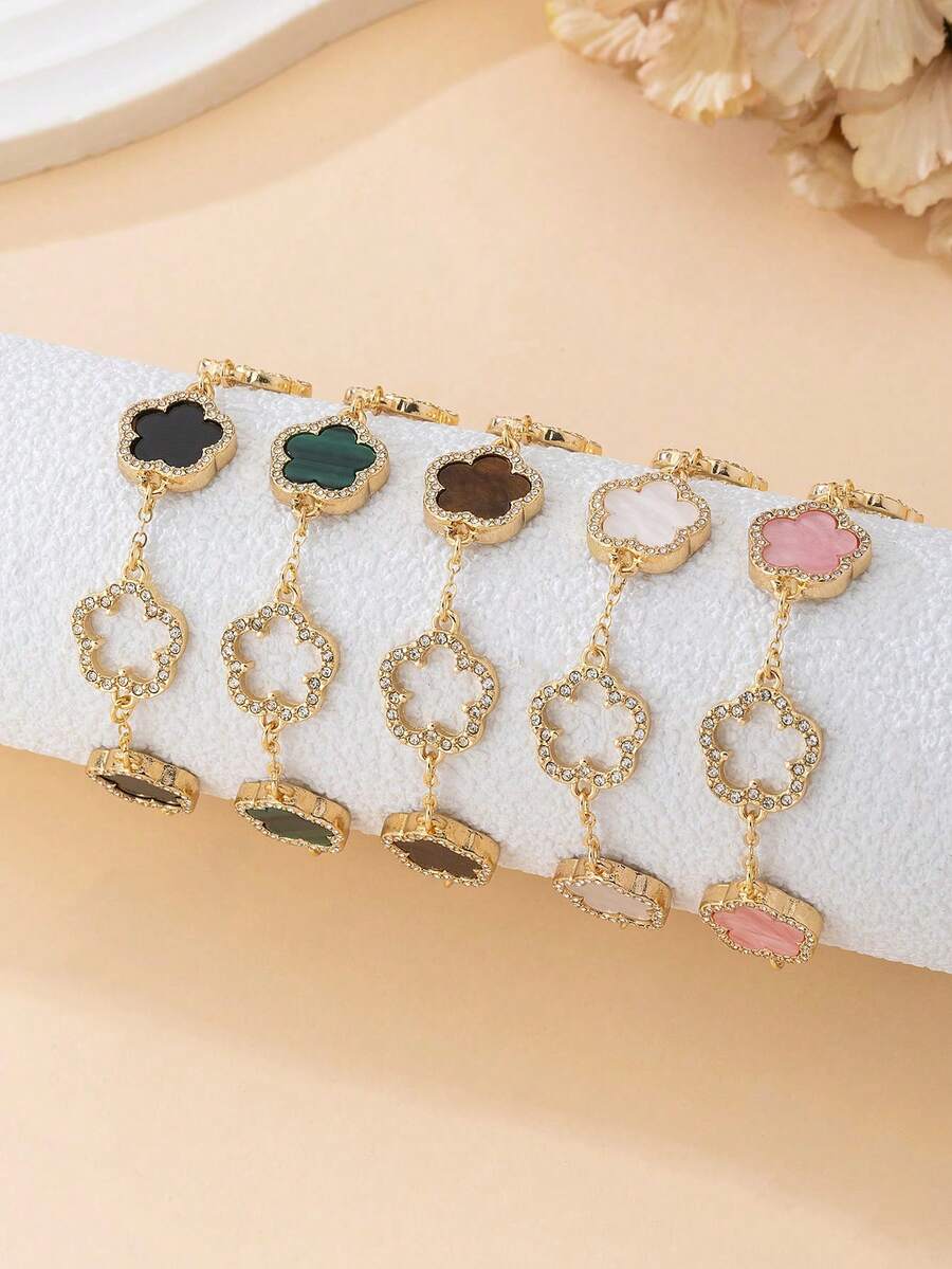 5件套奢华优雅水晶镂空四叶草手链，多色混合甜美四叶草手链，女士珠宝情人节礼物（不含礼盒） - 彩色 - 查看 1