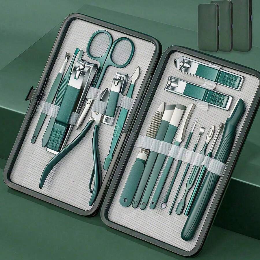 18/16/10/7/24 piezas Juego de Manicura Profesional - Incluye Herramientas Completas para el Cuidado de las Uñas, Cortaúñas, Limas de Uñas y Caja de Almacenamiento - Kit de Manicura para Viaje o Casa - Verde - Ver 1