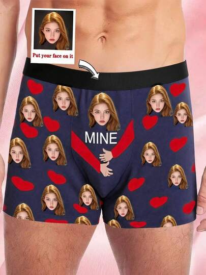 Customized Face Print Men's Briefs, Boxer Shorts With Non-Curling Waistband, Personalized Men's Underwear, Customizable Photo/Image Printed Underwear, Ideal Gift For Boyfriend/Husband, Customized, Winter, Personalized Gift, Anniversary, Holiday