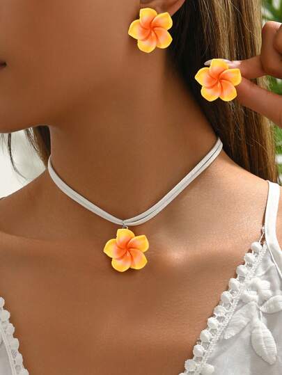 1 set med 3 st minimalistiska halsband med hänge i harts i akryl, ombre-blommor och örhängen, fräscht och sött blommigt nyckelbenshalsband för kvinnor, lämpligt för vardags-, semester- och festkläder
