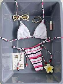 Bộ bikini 2 mảnh mới dành cho nữ, kiểu dáng hở lưng, in họa tiết hoa và sọc phối màu tương phản, điểm nhấn kim loại. - Hồng - Xem 4