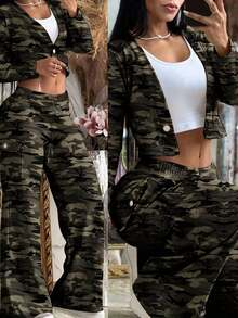 2 Piece Set : Women's Fashion Black Geometric Print Long Sleeve Crop Top & Cargo Pants |   V-Neck Button-Up Top Pants With Drawstring Waist |   Casual Y2K Style Spring Winter Clothes, Vacation New Years Valentine Outfits For Women - 軍綠色 - 查看 3