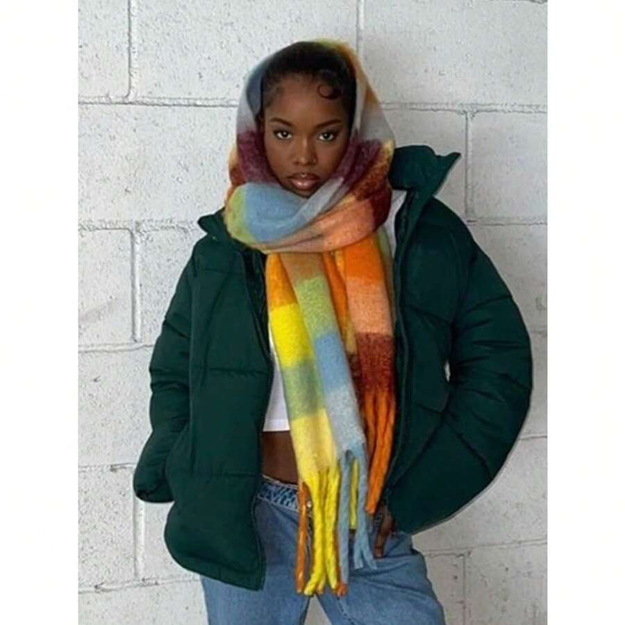 1pc Leopard Print Autumn/Winter Fashion Striped Plaid Fleece Warm Women Boucle Deep Brown Wool Thick Scarf, Warm Acrylic Scarf Like Cashmere, Bohemian Casual Windproof Couple Shawl, Comfortable Blanket Scarf, Suitable For Daily Wear For Dress - Nhiều màu-3 - Xem 1