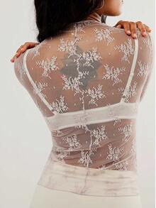 Women's Sheer Lace Mesh Top, Fashionable Slim Fit Long Sleeve Faux Collar Floral Blouse, Casual Outing T-Shirt - 白色 - 查看 3