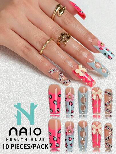 NAIO 10 Pcs/Set. Handmade Square Press On Nails Stickers In Y2K Baddie Style, Available In Nude, Blue, And Red Colors. Features A French Manicure Edge With 3D Sculpted Flowers, Leopard Print French Trim, S-Shaped Steel Bead Stripes, Luxurious Nail Art, And Embellishments With Bows, Silver Beads, And Rhinestones. Suitable For Women And Girls, Perfect For Parties And Everyday Wear. Includes A Free Nail Art Tool Set. A Lovely Gift For Women And Girls. Nail Supplies