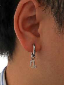 1pc Fashionable Minimalist Street Style Stainless Steel Zodiac Hoop Earring, Suitable For Daily Decoration And Wear, Unisex - Silver - View 2