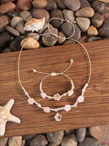 2pcs/Set Bohemian Ocean Holiday Style Ceramic Flower Necklace & Bracelet Set, Blue & Pink Sea Turtle Handmade Knotted, Suitable For Holiday Or Party Wear - Multicolor 2 - View 14