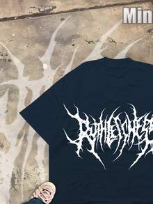 Black Metal Font(220g Cotton T-Shirt) Printed T-Shirt, Graphic Tee, Unisex T-Shirt, Casual And Comfortable, Men's Cotton T-Shirt. Interesting Pattern T-Shirts, Street Life, Home Leisure, Friends Gathering,Graphic Tees Men - Màu xanh hải quân - Xem 2