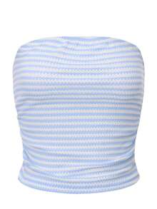 ARA CHIC 女士蓝白条纹褶皱抹胸上衣，性感露背，修身剪裁，休闲度假衬衫，沙滩春季新款 2026 - 彩色 - 查看 4