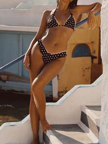 Women Y2K Polka Dot Bikini Sets Halter String Triangle Top Bottoms Summer Ruffle Bathing Suit 2 Piece Swimwear - Black - View 7