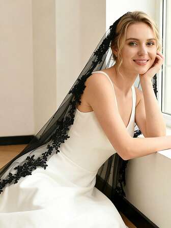 1 pieza Velo de novia elegante y vintage de 1 metro de largo decorado con encaje negro y perlas, adecuado para eventos formales y bodas